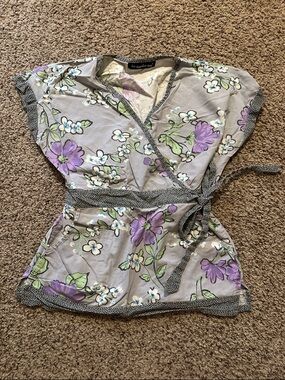 Gray Floral Wrap Blouse with Lavender Accents